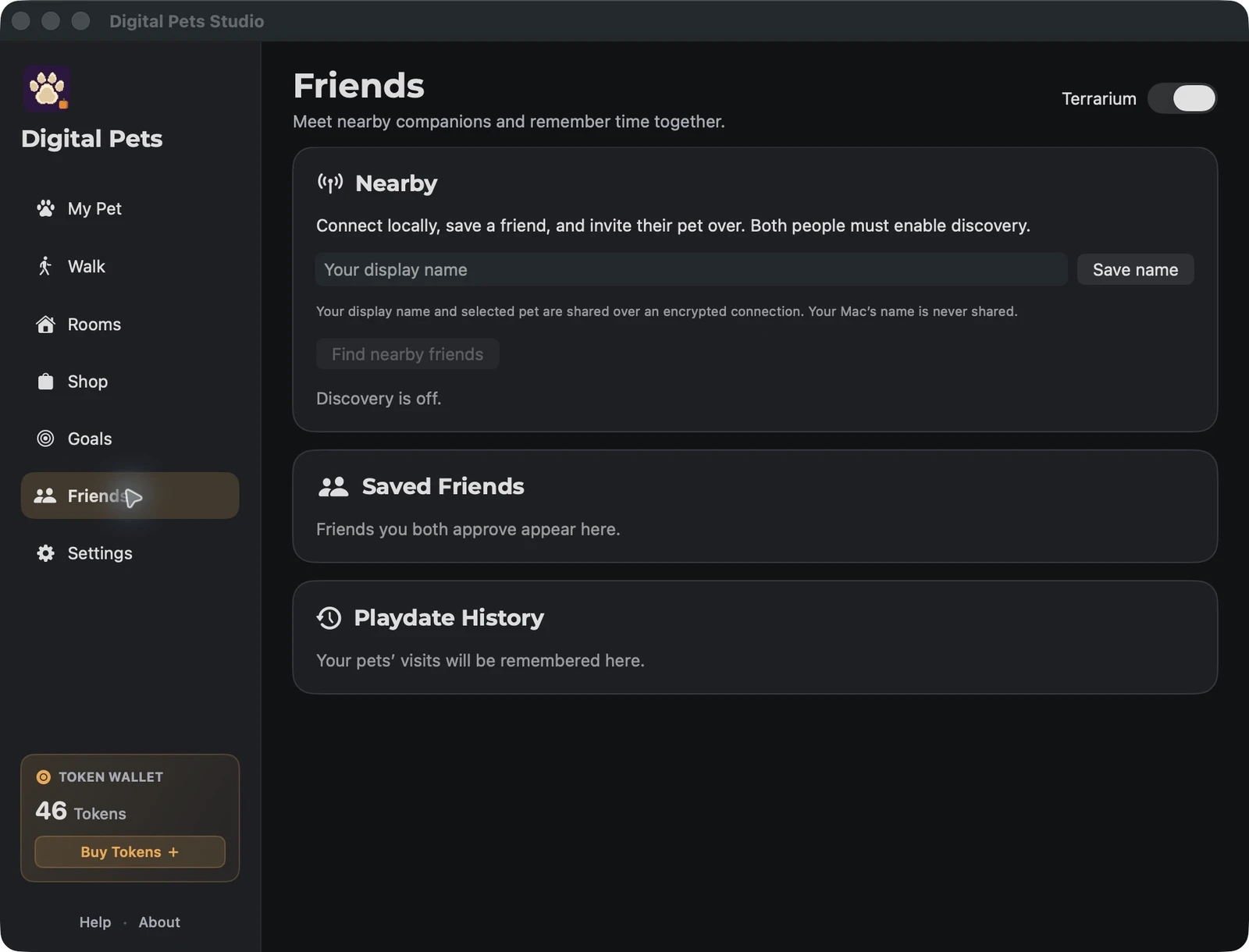 Digital Pets Friends with nearby discovery, saved friends, and playdate history