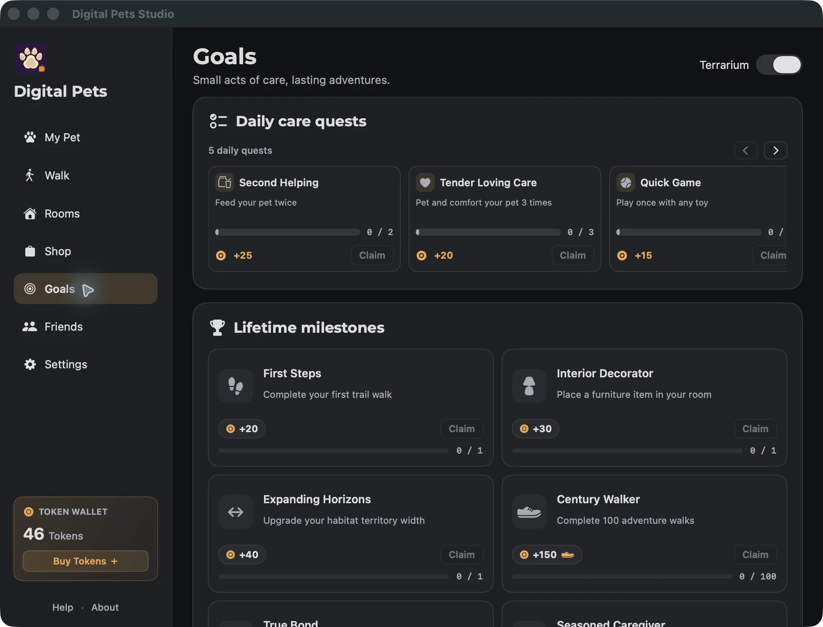 Daily care quests and lifetime milestones in Digital Pets Goals