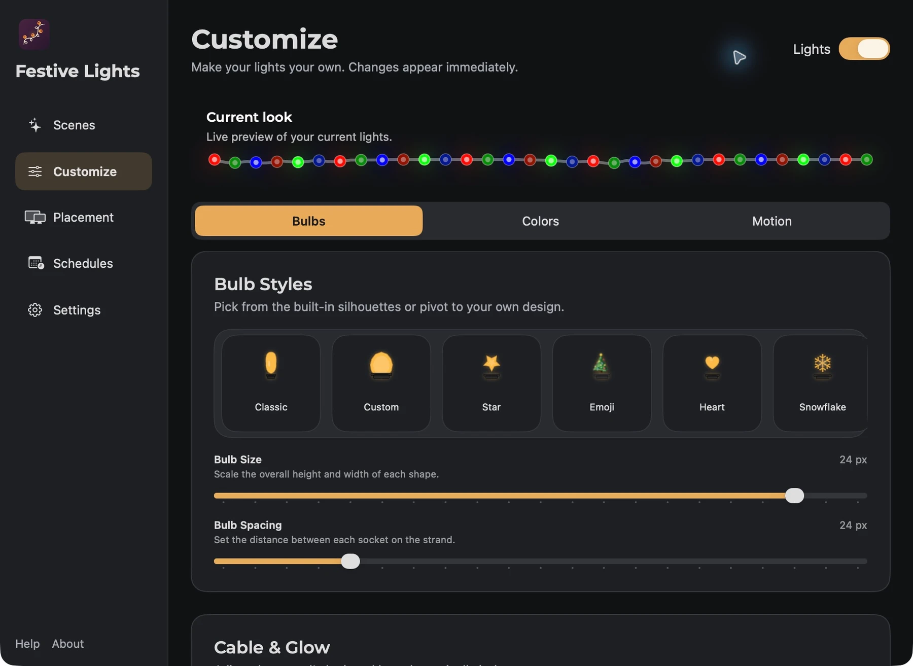 The native bulb picker with shape, size, spacing, cable, and glow settings