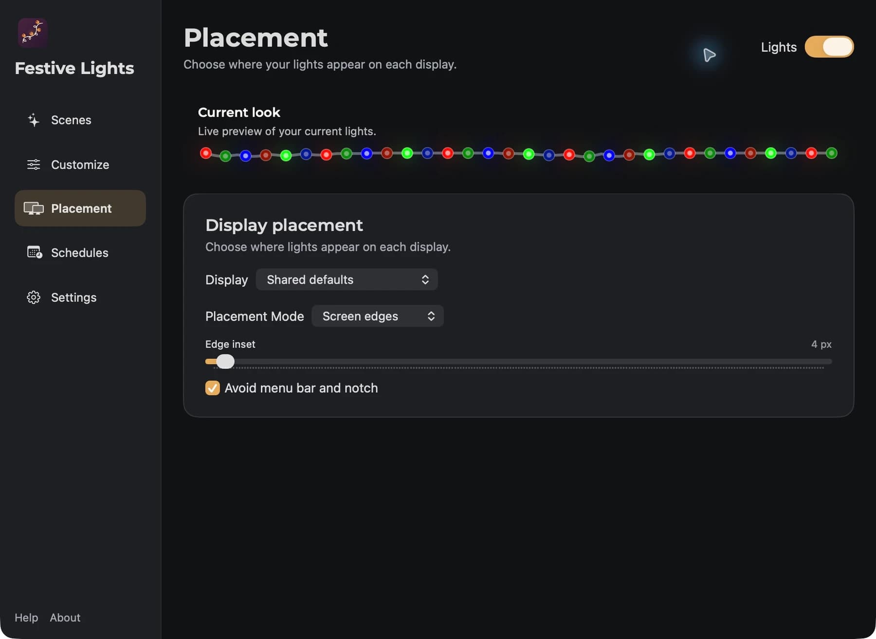 Actual Festive Lights Placement window with display selection, Screen edges placement, edge inset, and notch avoidance
