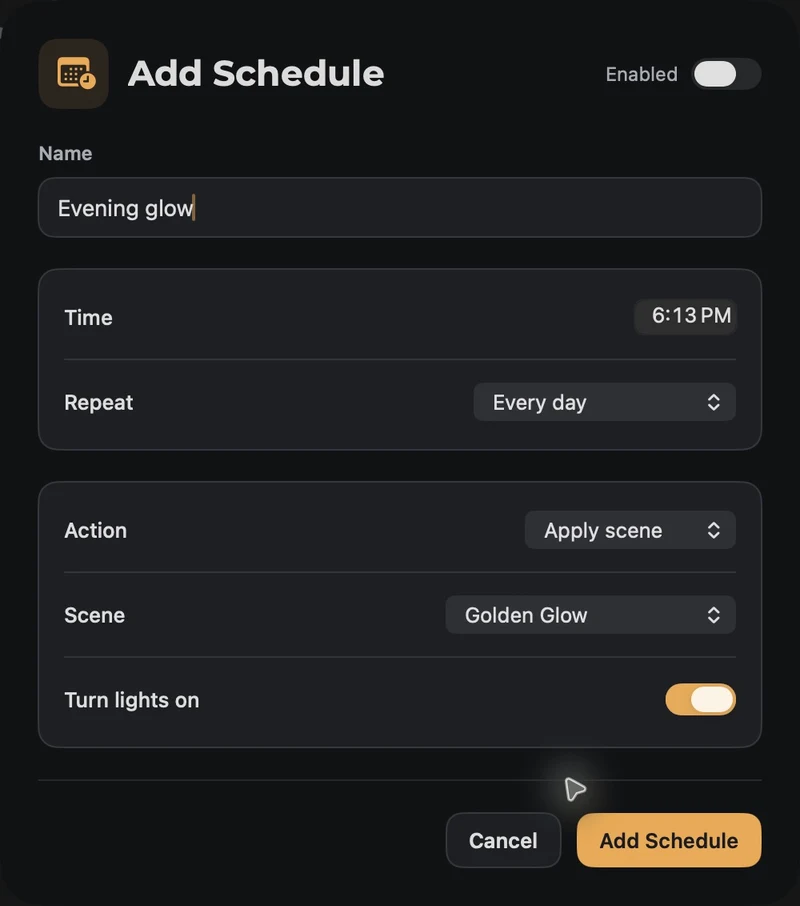 Actual Festive Lights schedule editor set to Evening glow, repeating daily with the Golden Glow scene