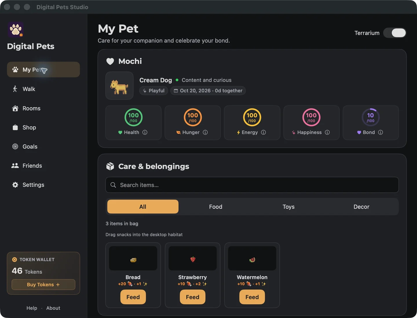 The native Digital Pets Studio, with Mochi’s care stats and pantry