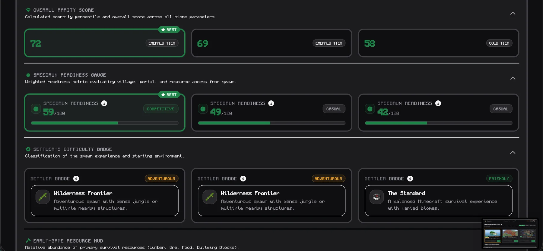 Seed comparison analytics showing rarity, speedrun readiness, difficulty, and resources