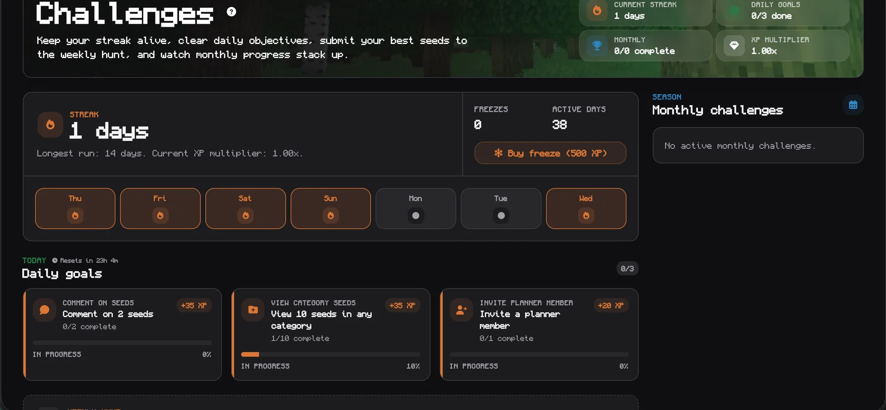 MCSeedShare challenge dashboard showing daily goals, a streak calendar, and a weekly seed hunt