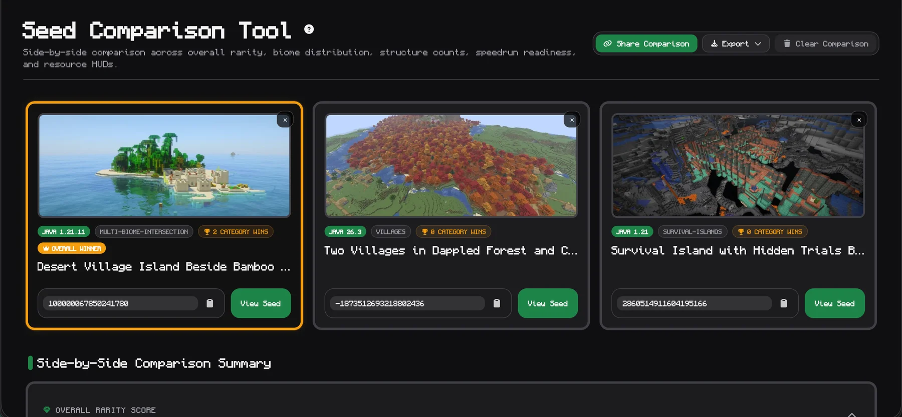 Three Minecraft seeds compared side by side with landscape previews and rarity scores