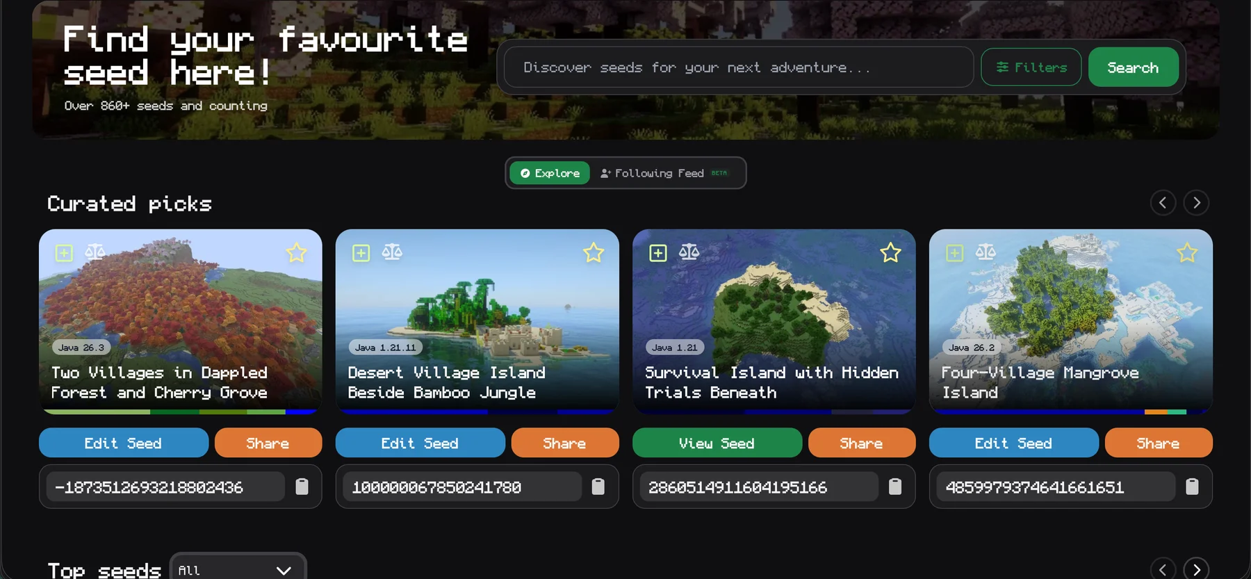 MCSeedShare seed catalog with curated Minecraft worlds, searchable seeds, and landscape previews