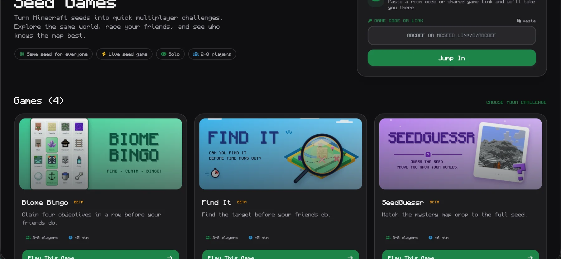 MCSeedShare Seed Games hub with Biome Bingo, Find It, and SeedGuessr multiplayer games