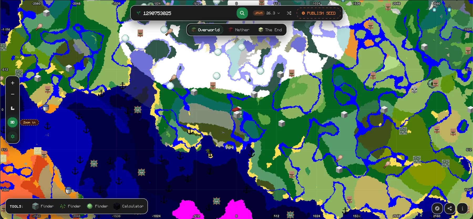 A Minecraft seed map filled with biomes and places to explore