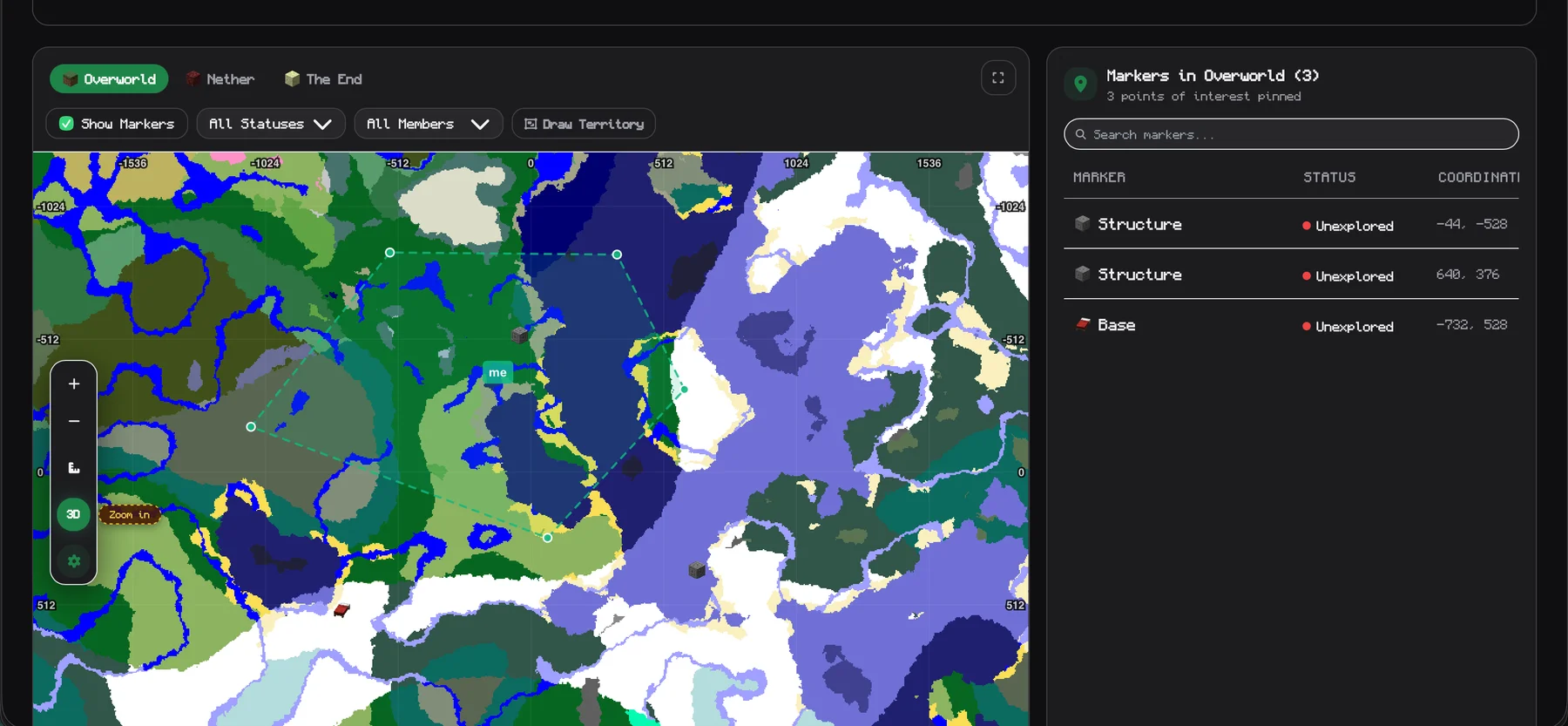 Shared Minecraft world planner with a biome map and saved location markers