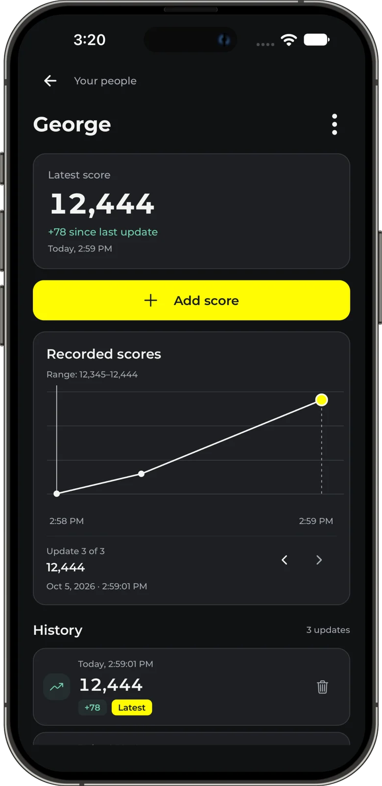 George’s score detail, recorded chart, and history in ScoreUp’s dark appearance