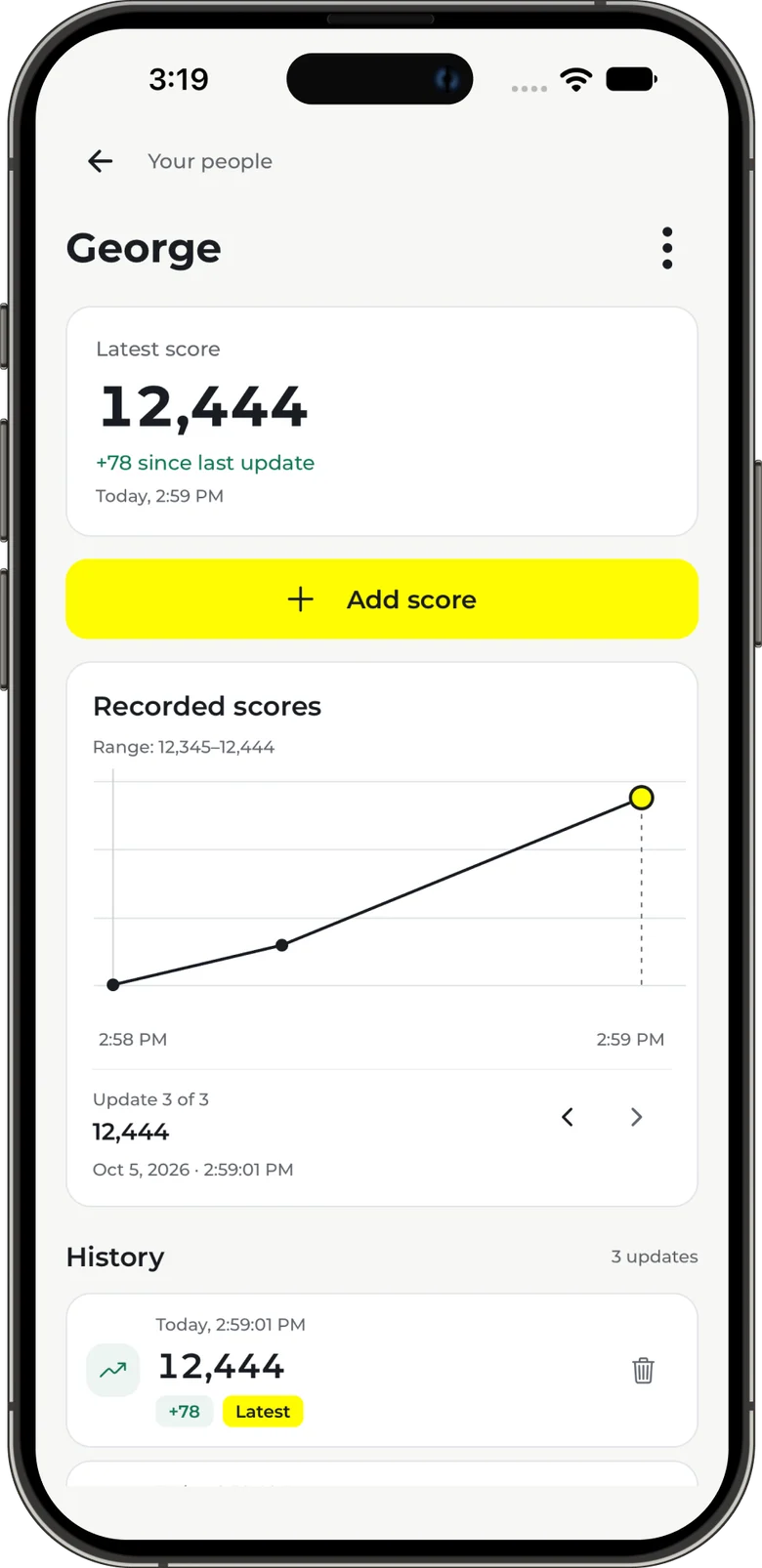 ScoreUp showing George’s latest score, recorded-score chart, and history in light mode