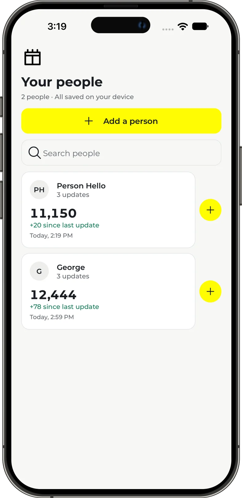 Your people overview in ScoreUp, with two separate profiles, latest scores, and quick-add buttons