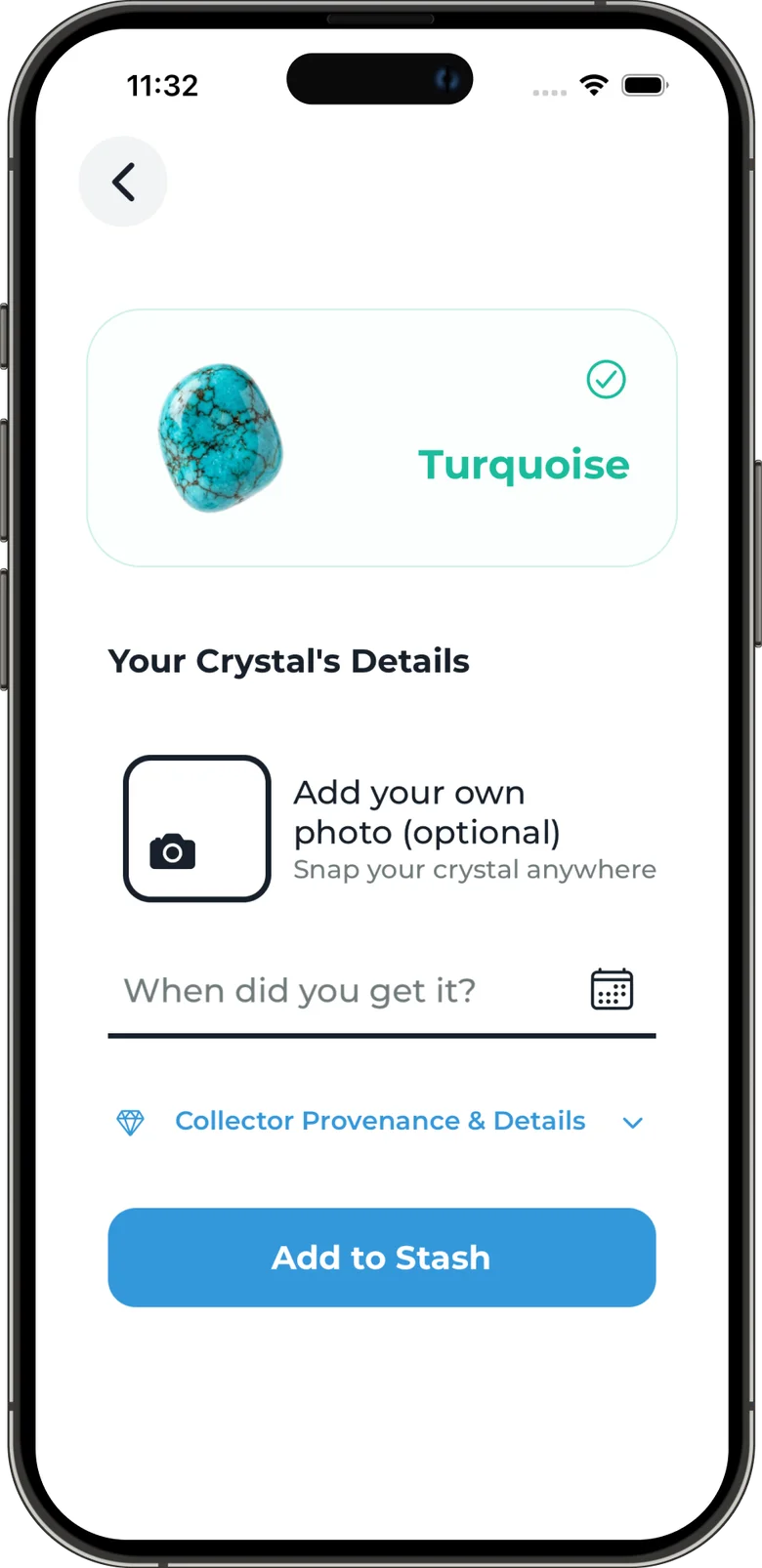 Adding a Turquoise specimen with a personal photo, discovery date, and provenance