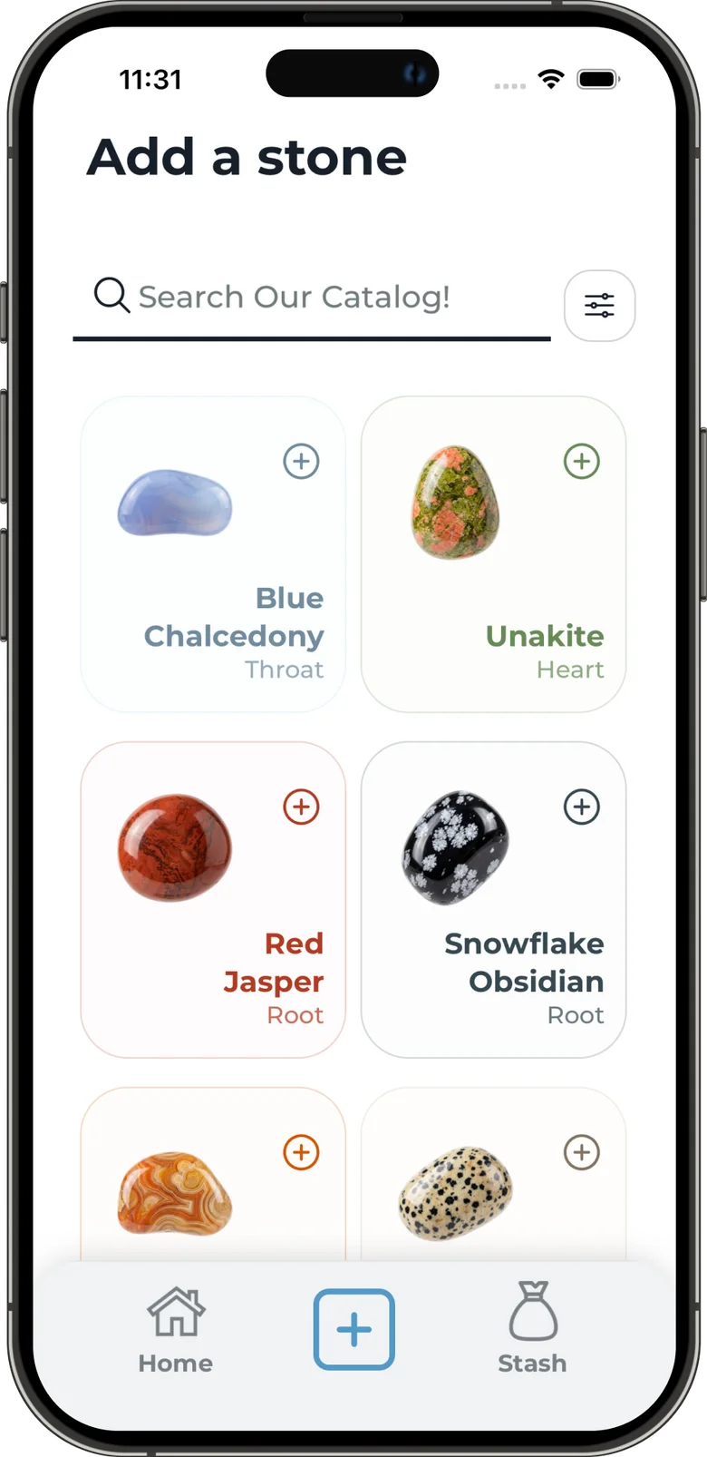 Stash catalog with colorful crystal entries
