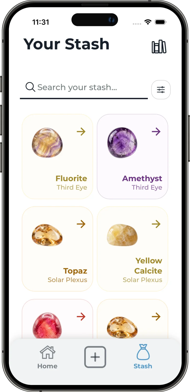 Your Stash collection with Fluorite, Amethyst, Topaz, and Yellow Calcite