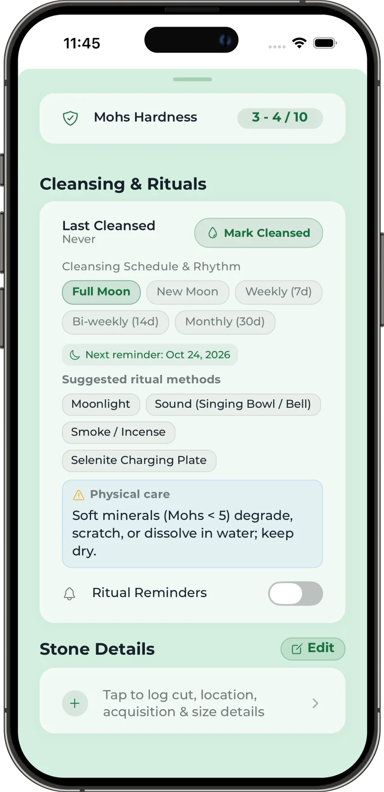 Crystal cleansing schedule, physical care notes, and stone details