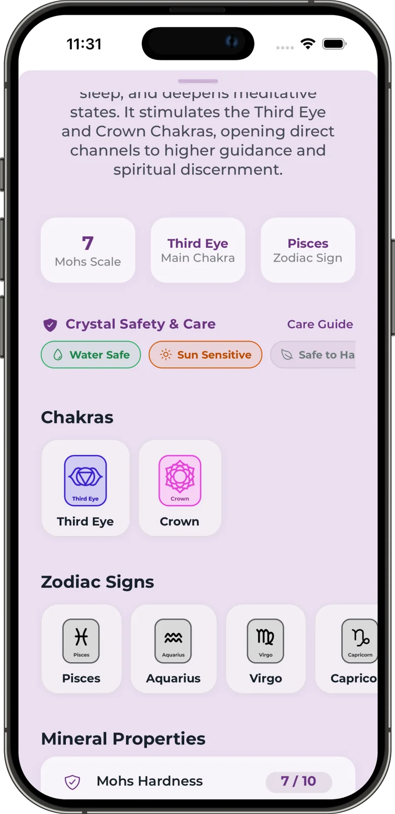 Crystal properties, chakras, zodiac associations, and care badges
