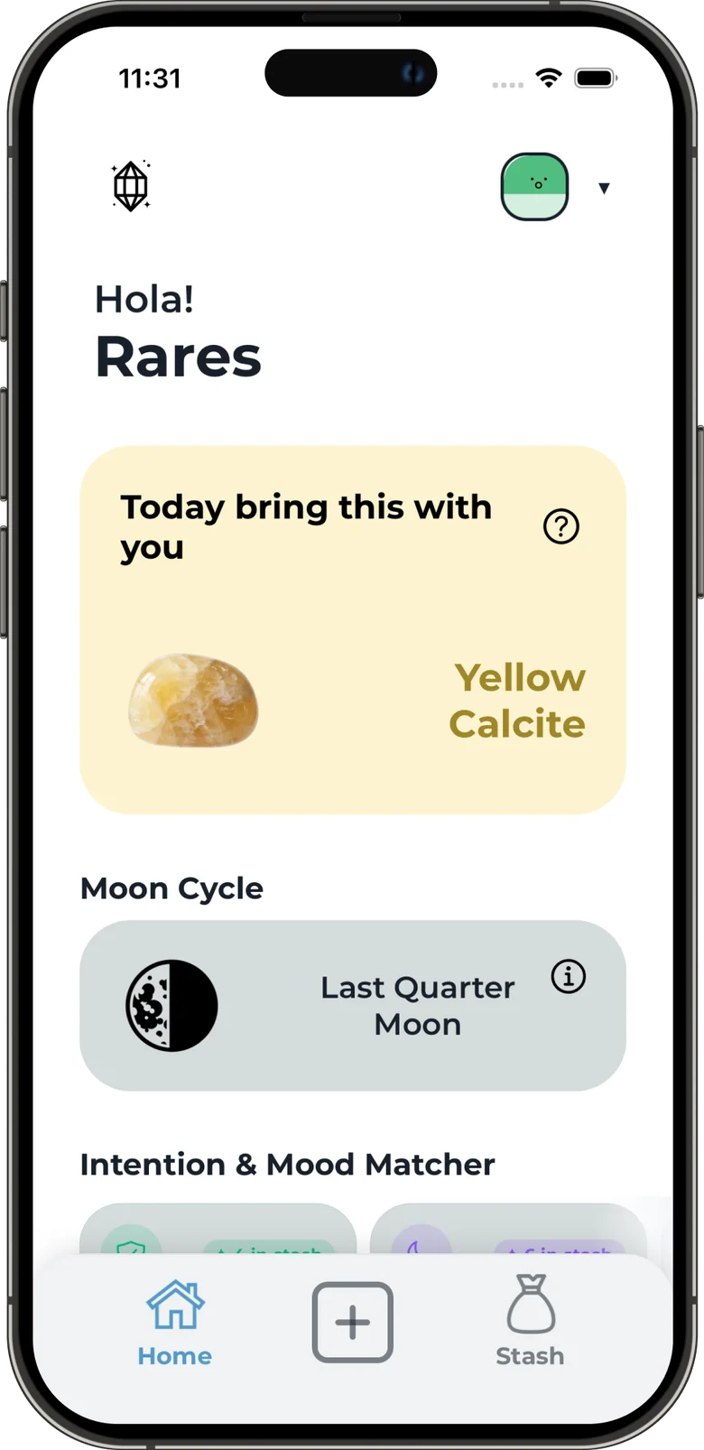 Stash home screen with a Yellow Calcite daily recommendation and the moon cycle