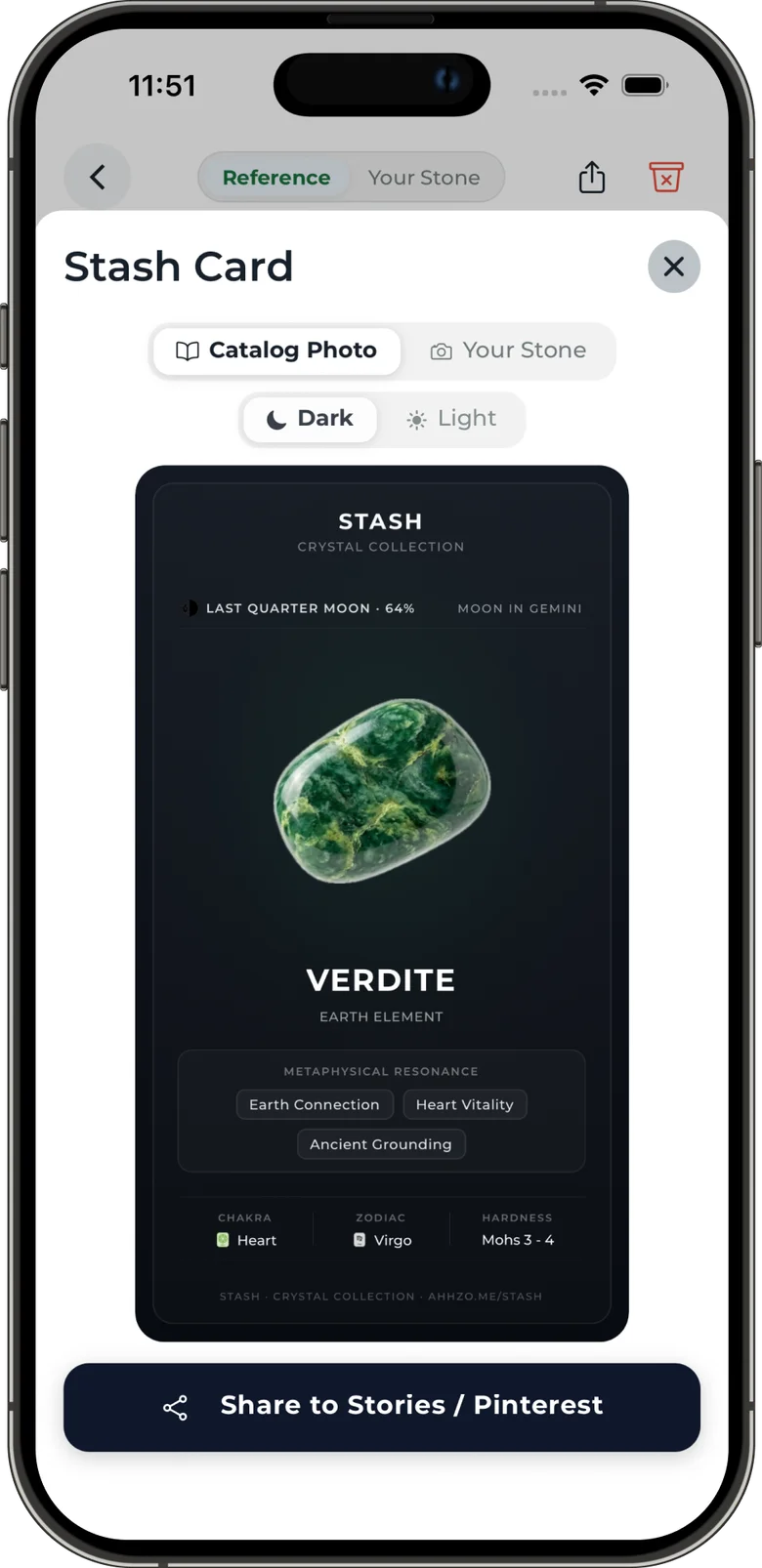 A shareable Verdite Stash Card in a dark theme