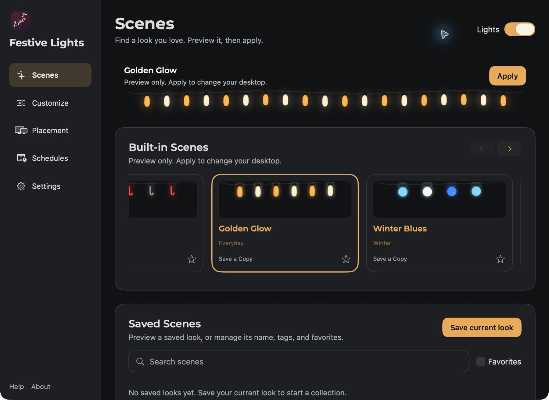 Festive Lights showing its Golden Glow scene and built-in scene choices